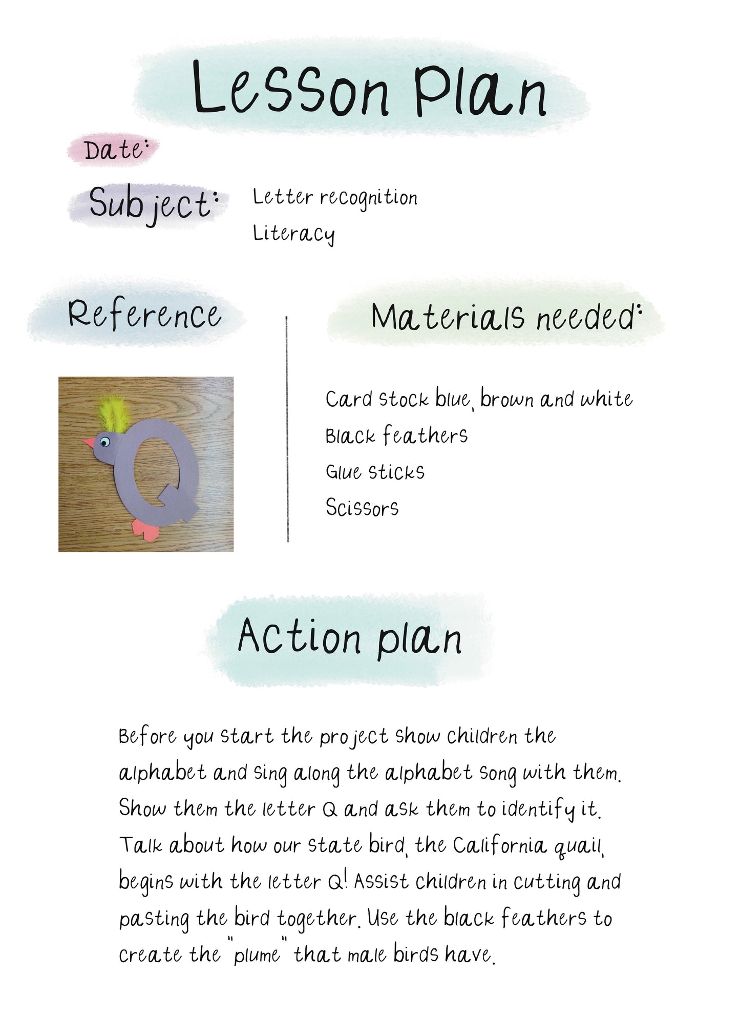 Pre school Quailvis lesson plan PDF